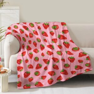 strawberry blanket gifts for women girls mom kids adults teen birthday christmas valentine present pink strawberry fruit theme decor bedroom living room sofa couch soft cozy plush fleece throw 60"x50"