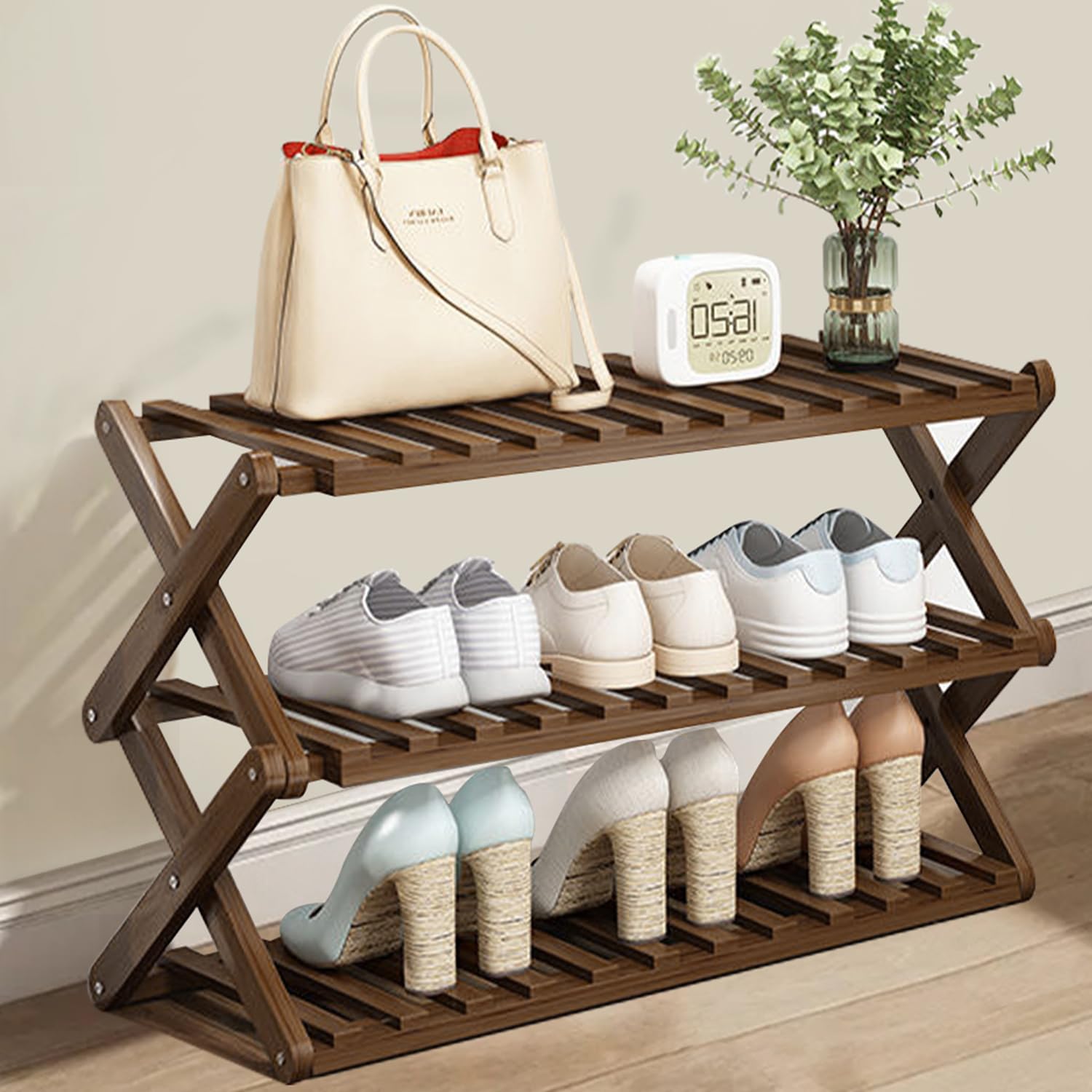 FEUFOAM Folding Shoe Racks Bamboo Closet Shoe Rack 3 Tiers Storage Organizer Rack Free Standing Shoe Shelf for Entryway Door Hallway Bedroom