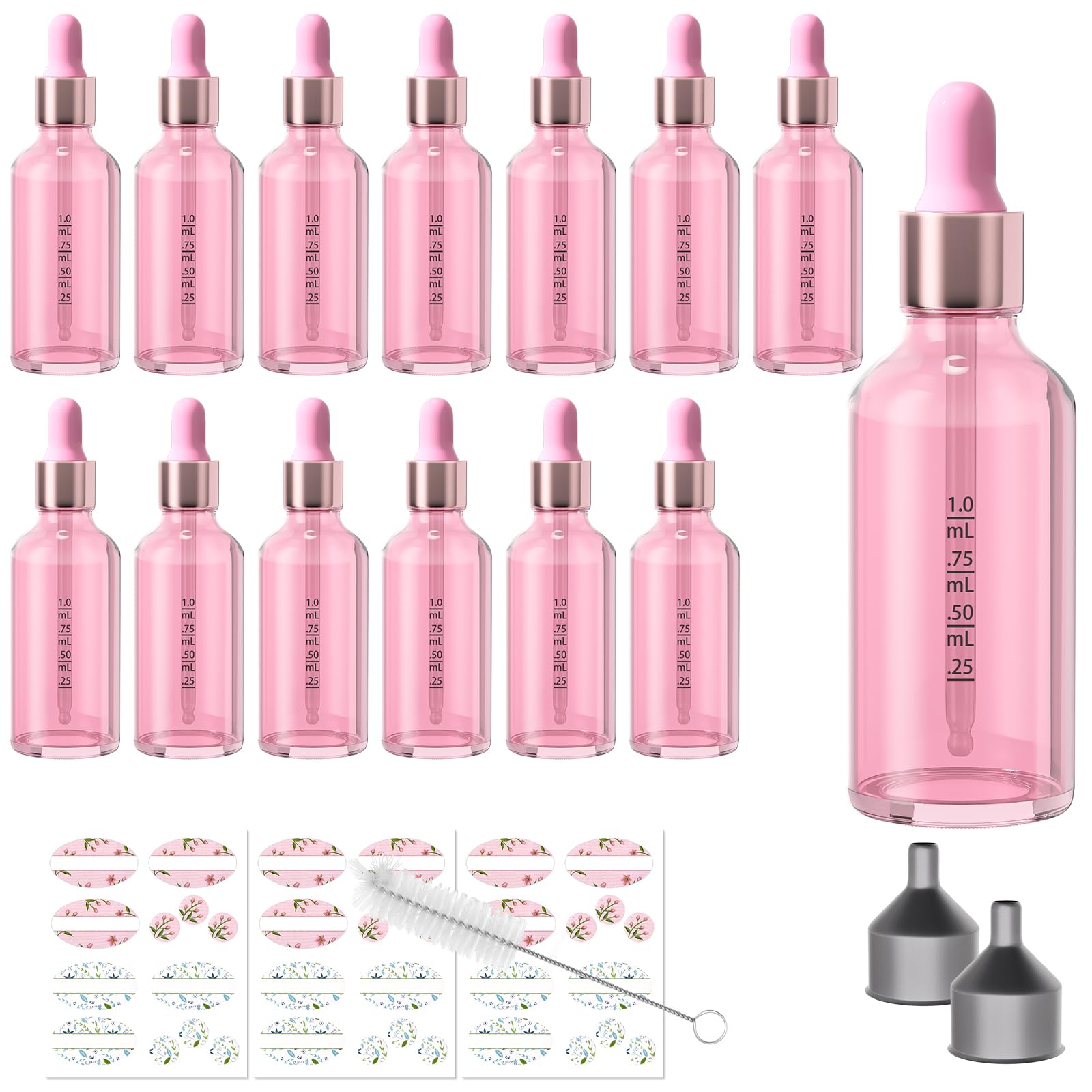 CycleMore 2 oz Pink Glass Dropper Bottles Eye Dropper Bottles with Glass Scales, 12 Pack Tincture Bottles with Labels and Funnels for Perfumes,Essential Oils & Makeup