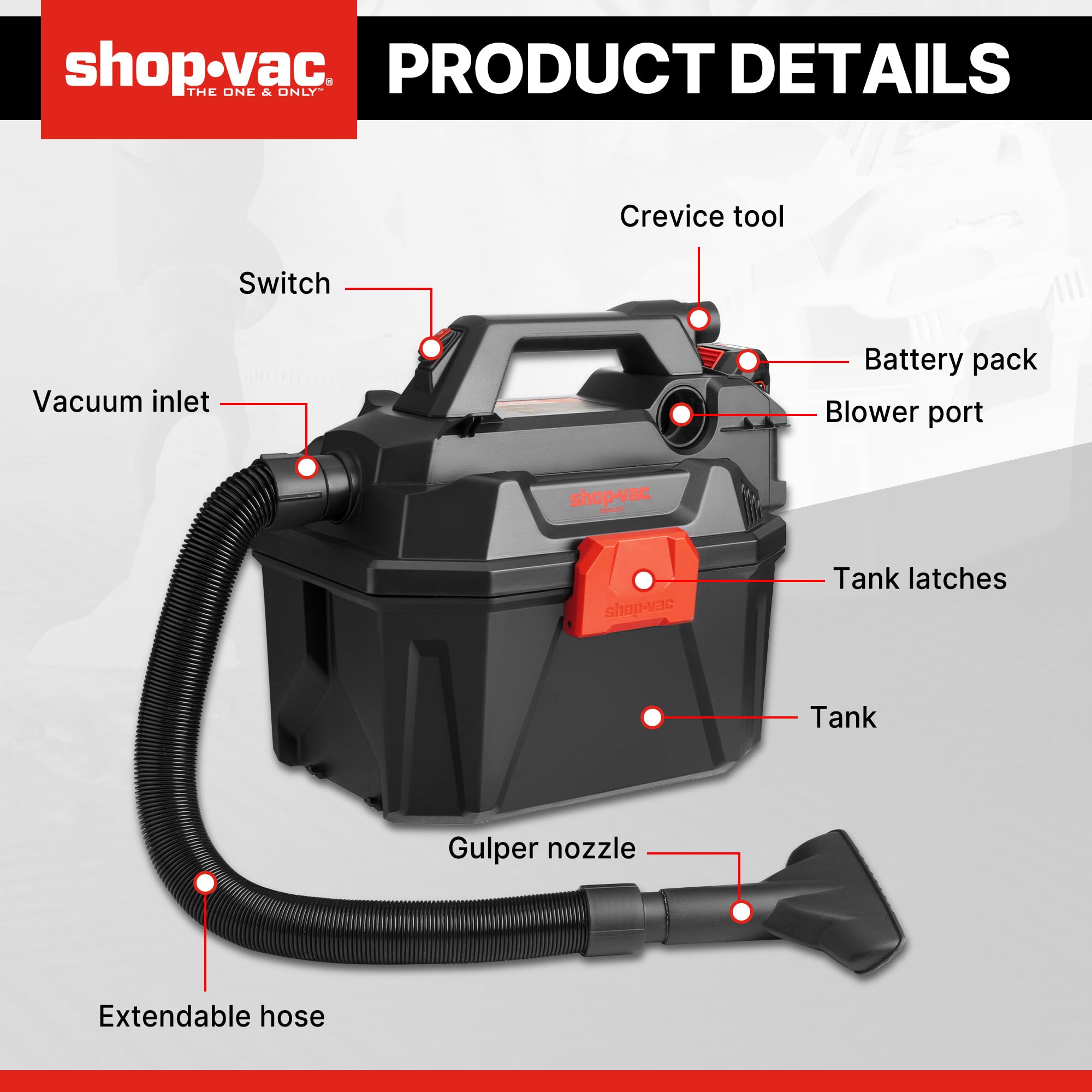 Shop-Vac 20V Cordless Wet/Dry Vacuum, 3-in-1 Portable Shop Vacuum Cleaner, Battery and Charger Included, Ideal for Jobsite, Garage, Car & Workshop