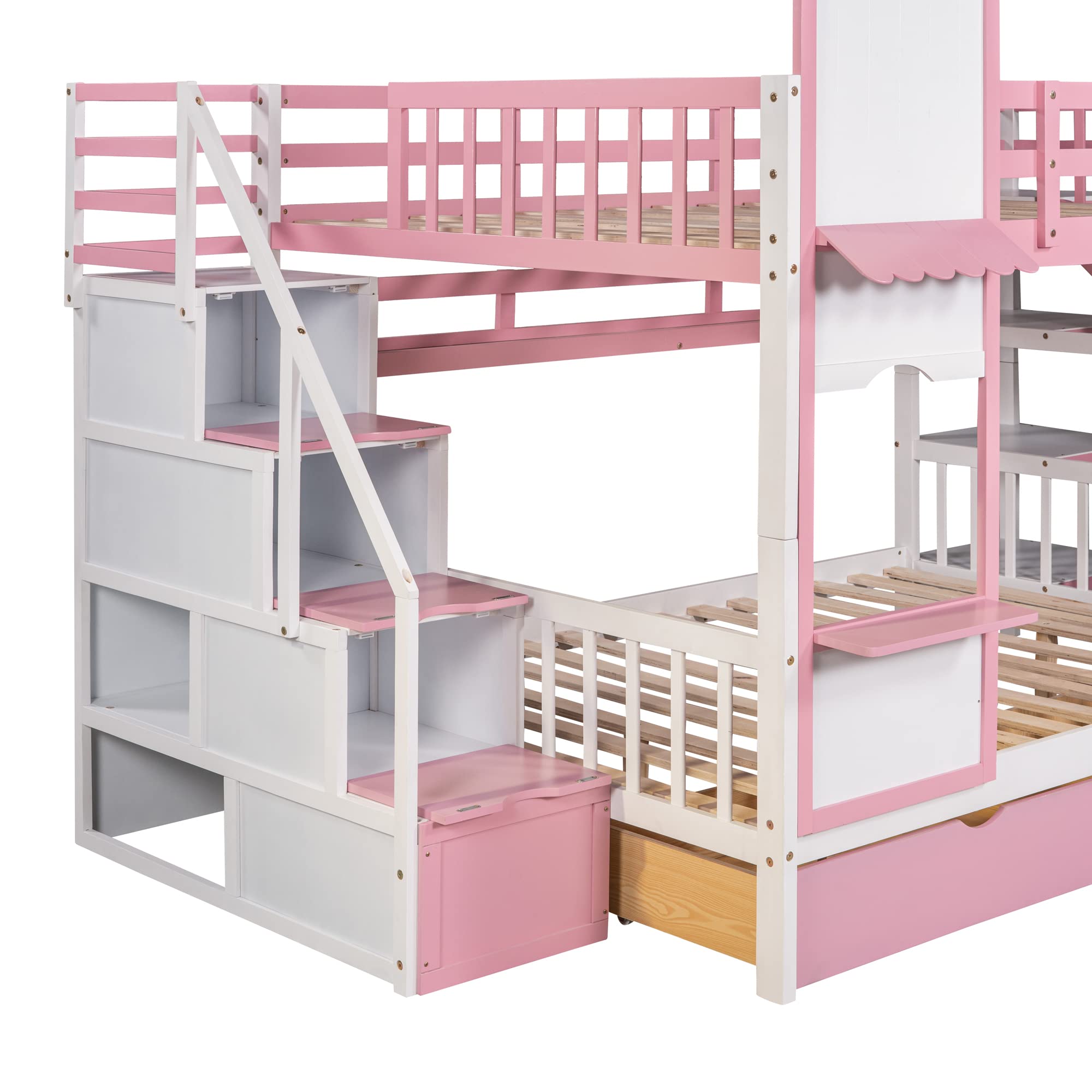 Full-Over-Full Bunk Bed, Castle Style Bunk Bed with 2 Drawers and 3 Shelves, Solid Wood Bunk Beds with Slide and Storage Staircase, Playhouse Low Bunk Bed for Kids Teens Boys Girls (Pink-O273)