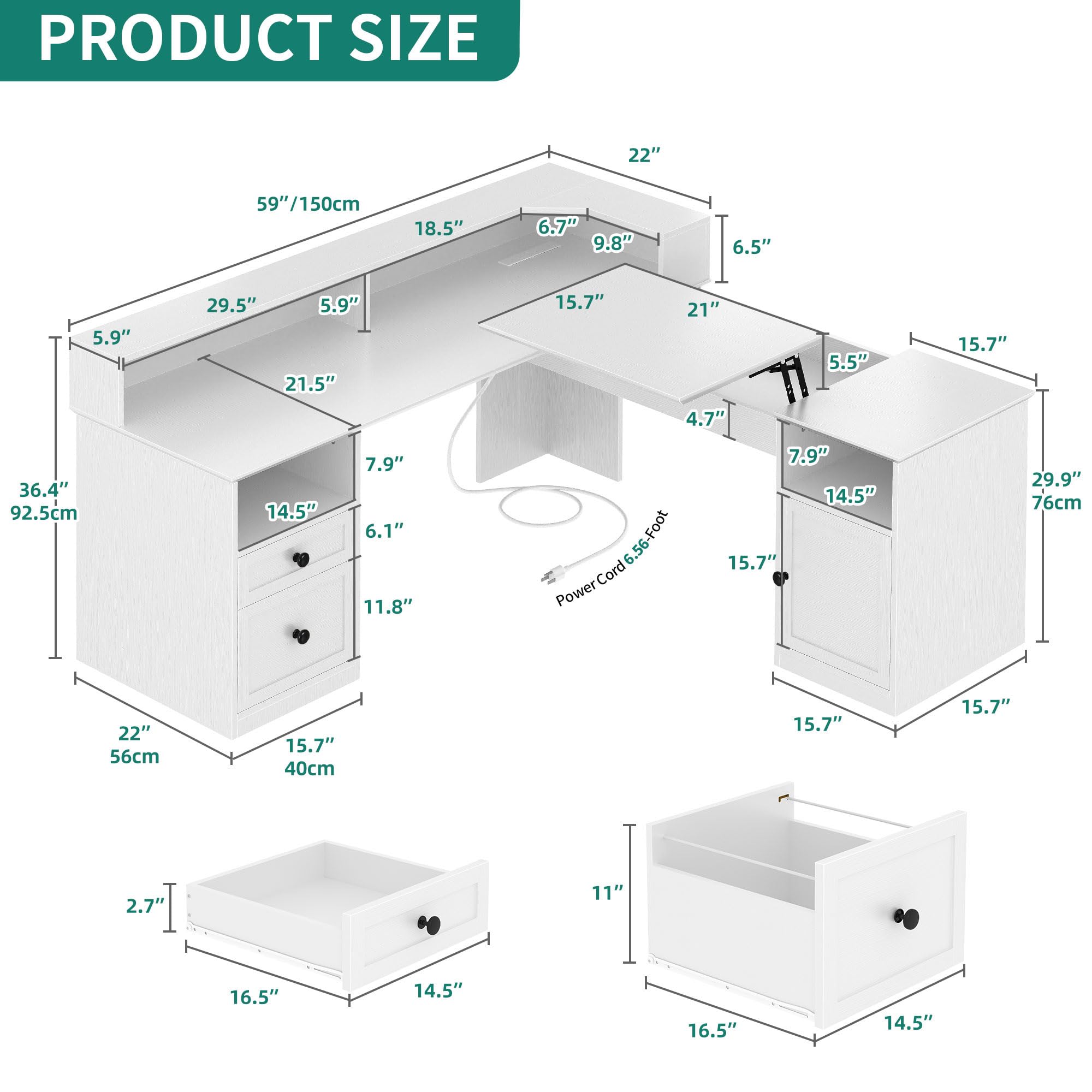 YITAHOME L Shaped Desk with Drawers, 60” Computer Desk with Power Outlets & Lift Top, Home Office Desk with File Cabinet & LED Lights, Height Adjustable Desk, White