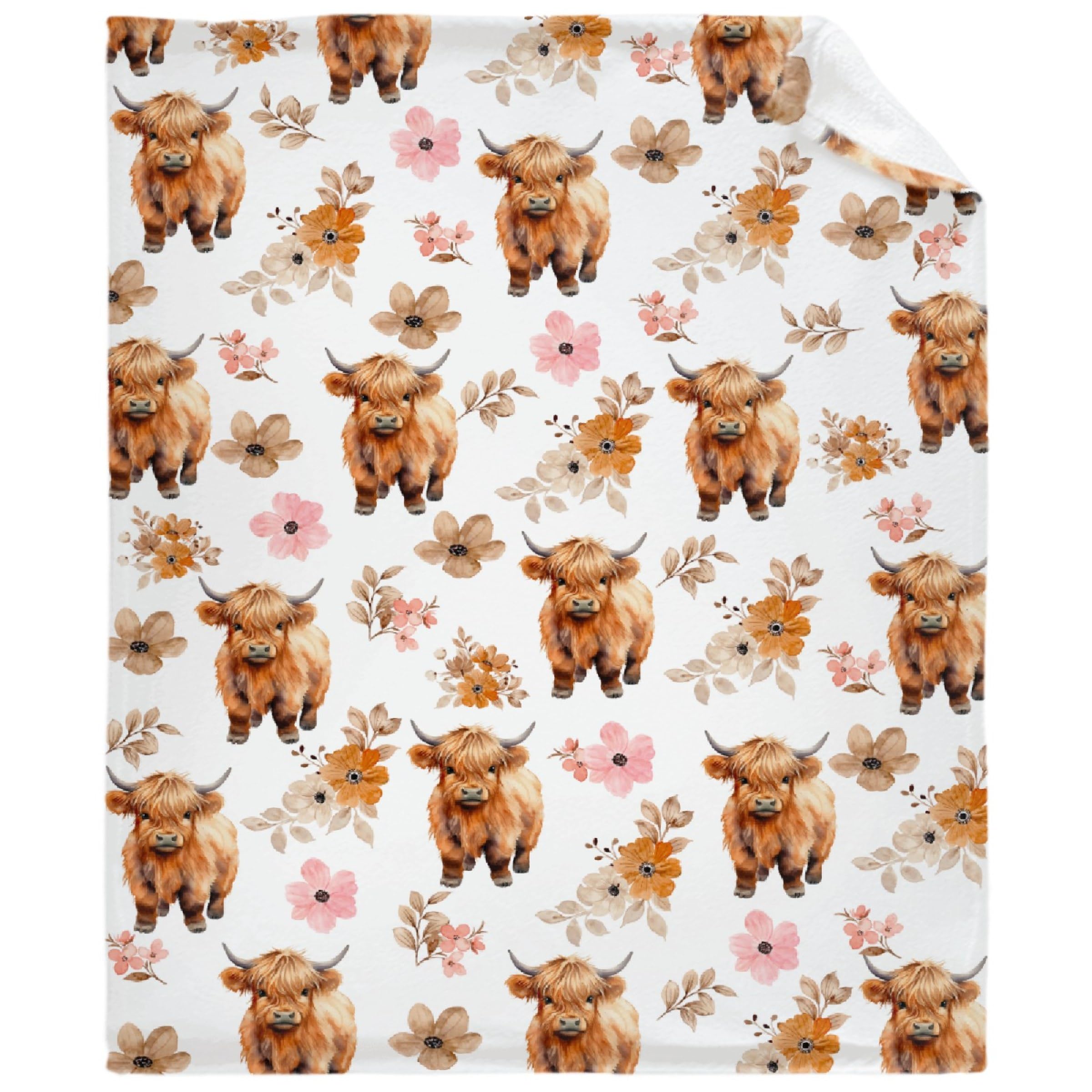 Highland Cow Flowers Blanket for Boys Girls, Cute Highland Cow Kids Throw Blanket Gift for Child, Fluffy Cozy Soft Lightweight Blankets for Bed Office, 40x50 Inches