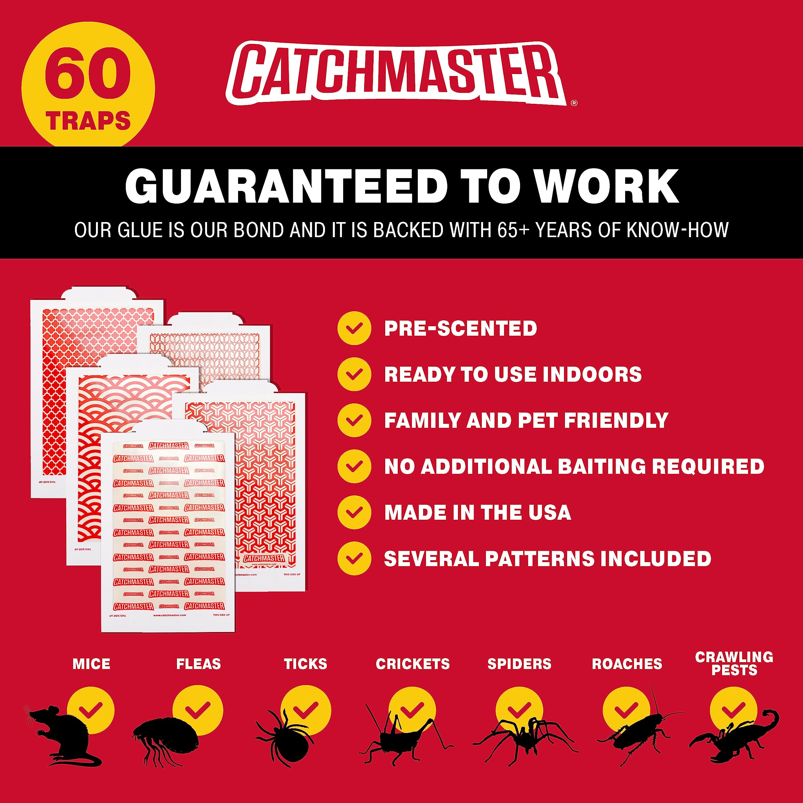 Catchmaster Pro Strength Mouse & Crawling Insect Glue Trap Set, 60-Pack & 12-Pack Sticky Pest Control Adhesive for Catching Bugs, Rats & Rodents