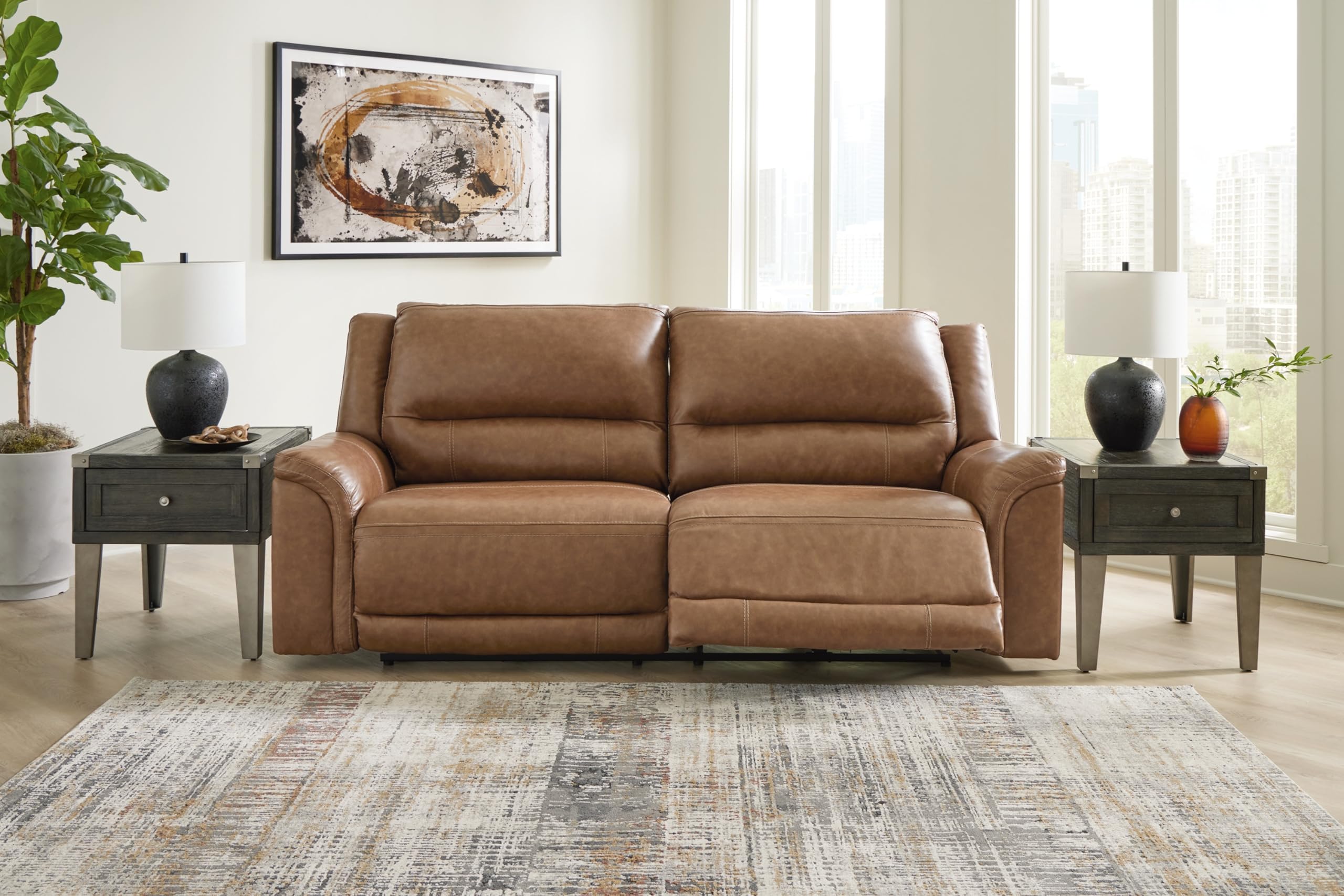 Signature Design by Ashley Trasimeno Contemporary Leather Match 2 Seat Power Reclining Sofa with Adjustable Headrest and USB Ports, Dark Brown