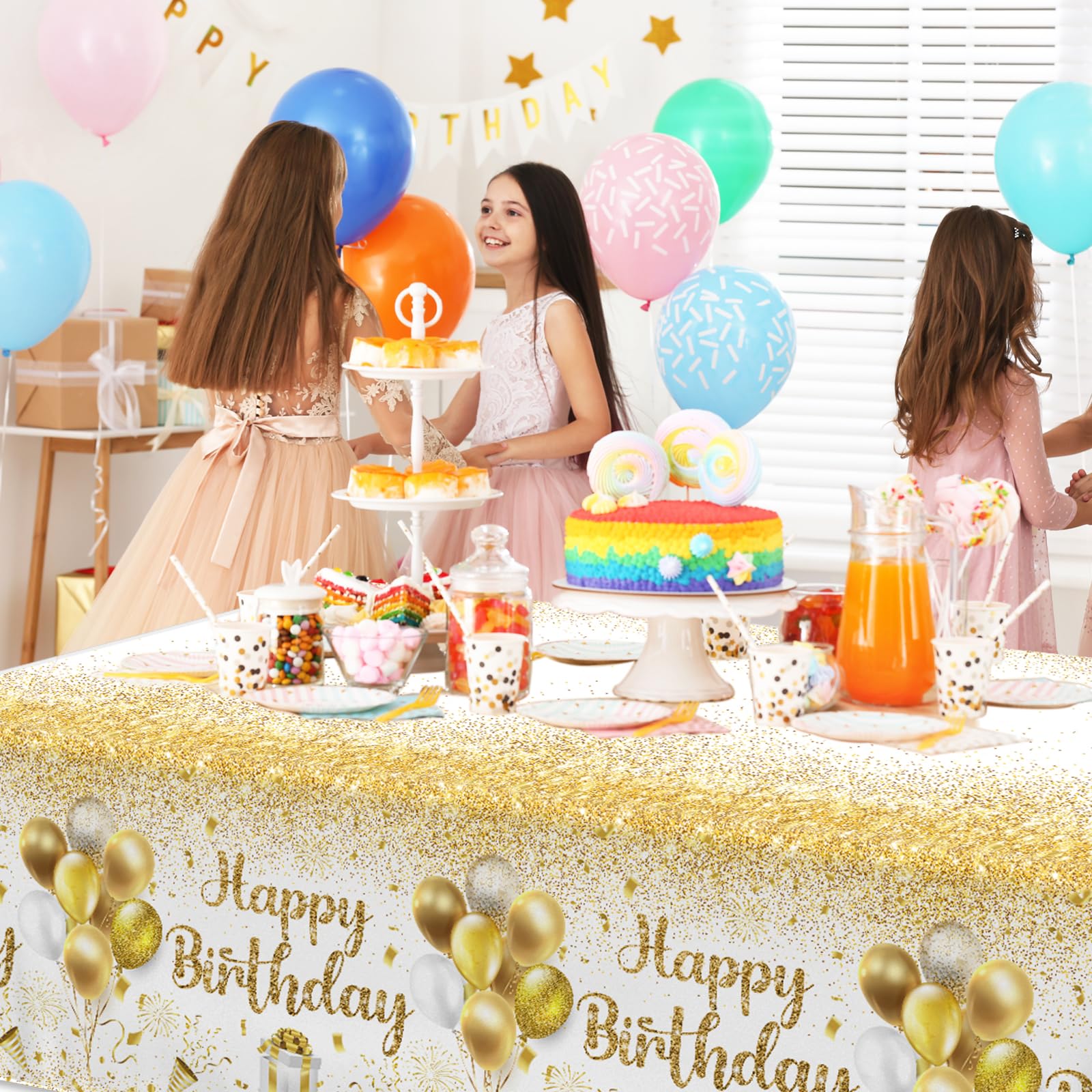 Happy Birthday Tablecloths,Gold and White Birthday Party Decorations 3pcs Gold Confetti Disposable Table Cover for Indoor or Outdoor Girls Boys Women Men’s 21st 30th 50th Birthday Party