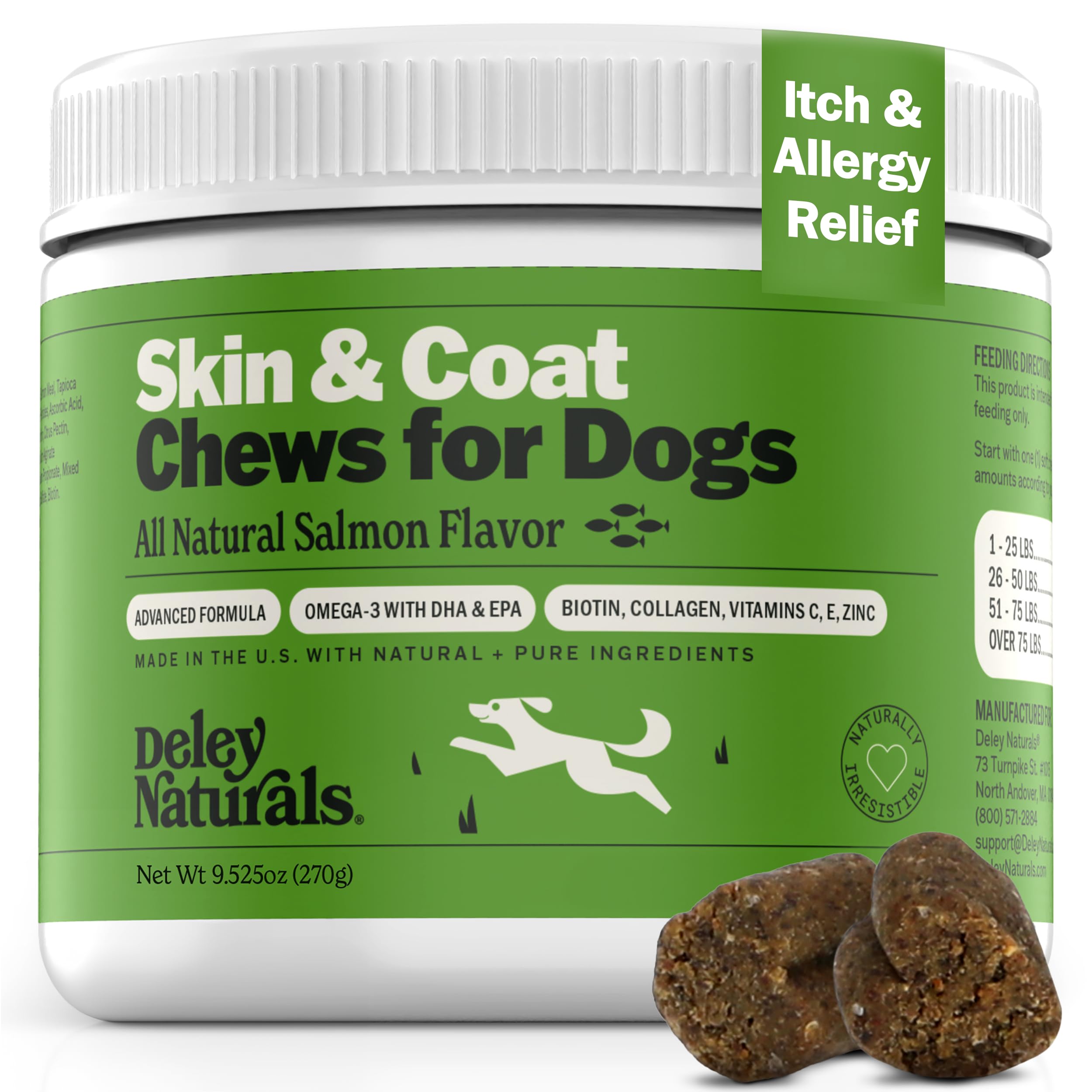 Deley Naturals Dog Allergy Chews - Omega 3 Fish Oil for Dogs with DHA & EPA, Biotin, Collagen, Vitamins C, E, & Zinc, Supports Shiny Coat - Dog Itching Relief Salmon Flavor - Dry Skin Relief for Dogs