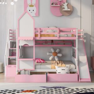 Full-Over-Full Bunk Bed, Castle Style Bunk Bed with 2 Drawers and 3 Shelves, Solid Wood Bunk Beds with Slide and Storage Staircase, Playhouse Low Bunk Bed for Kids Teens Boys Girls (Pink-O273)