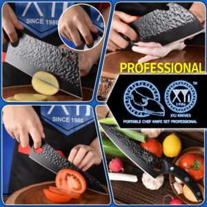 XYJ Professional Kitchen Knife Set with High-Carbon Steel Forged Blades, Chef's Knife, Cleaver, Carving Knife, Nakiri, Full Tang Design, Includes Carrying Bag & Poultry Scissors