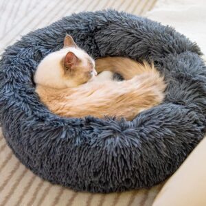 Cat Beds for Indoor Cats - Cat Bed Washable 20/24 inches, Dog Beds for Small Medium Dogs, Anti Anxiety Round Fluffy Plush Faux Fur Cat Bed, Thick Bottom (Dark Grey, Medium)