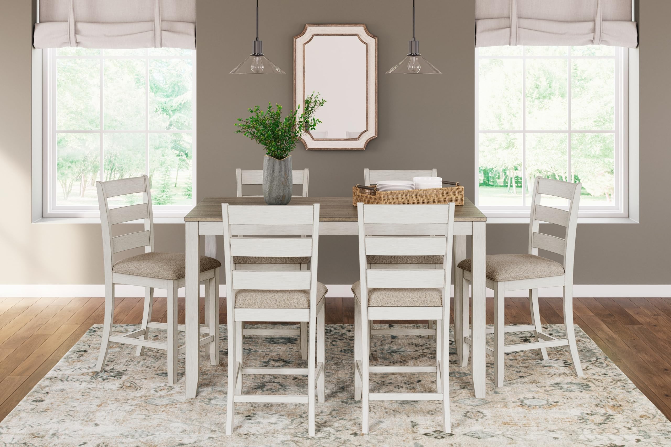 Signature Design by Ashley Skempton Modern Farmhouse Counter Height Dining Table and Upholstered Bar Stools, Set of 7, White & Light Brown