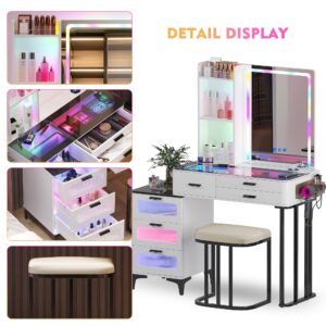 Gurexl RGB Makeup Vanity Desk with Wireless Charging Station,7 Dynamic and 7 Static Dimmable Vanity Table with Visible Glass Top, Dream Make up Vanity with Mirror and Lights, Stool, 6 Drawers