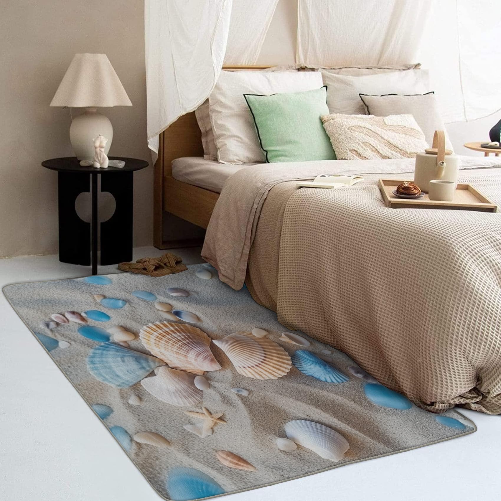 Beach Theme Rug & Home Decor - 6x9 Rug, Seashell Rugs for Living Room Bedroom, Coastal Carpet, Washable Non Slip Soft Low Pile Indoor Area Rug & Room Decor