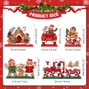 Blulu 5 Pcs Christmas Gingerbread Man Ornament Xmas Wood Gingerbread Man Signs Christmas Tiered Tray Wooden Decorations Gingerbread Candy Table Centerpiece for Home Farmhouse Office Tabletop Decor