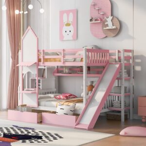 full-over-full bunk bed, castle style bunk bed with 2 drawers and 3 shelves, solid wood bunk beds with slide and storage staircase, playhouse low bunk bed for kids teens boys girls (pink-o273)