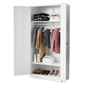 bynsoe metal storage cabinet 72'' metal locker with locking metal storage locker with hanging rod for office hospital require assembly (white)