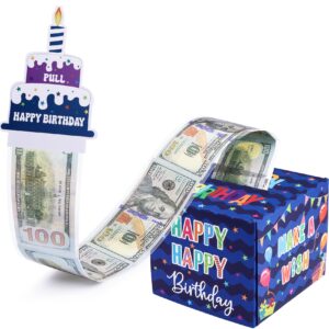 meiidoshine birthday money box for cash gift pull, surprise gift boxes for money, money holder box with pull out happy birthday card and 100pcs transparent bags, money gift ideas for kids and adults