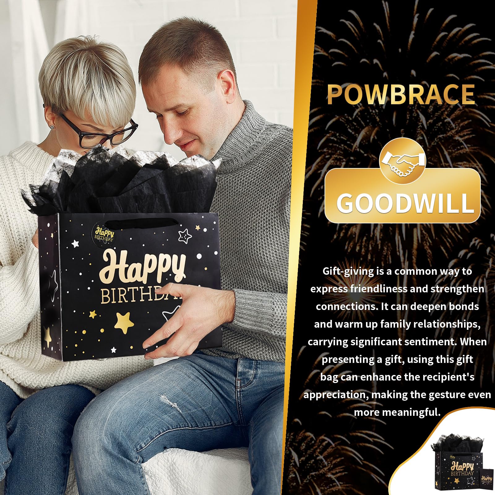 Powbrace Black Birthday Gift Bag with Tissue Paper and Greeting Card, 13'x10.2'x4.9', Medium (1-Piece Set, Black Starry Sky, Unisex, Includes Card, Ribbon, Crinkle Paper)