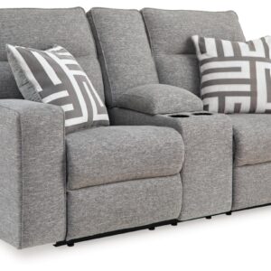 Signature Design by Ashley Biscoe Casual UV Resistant Power Reclining Loveseat with Console, Adjustable Headrest and USB Ports, Light Gray