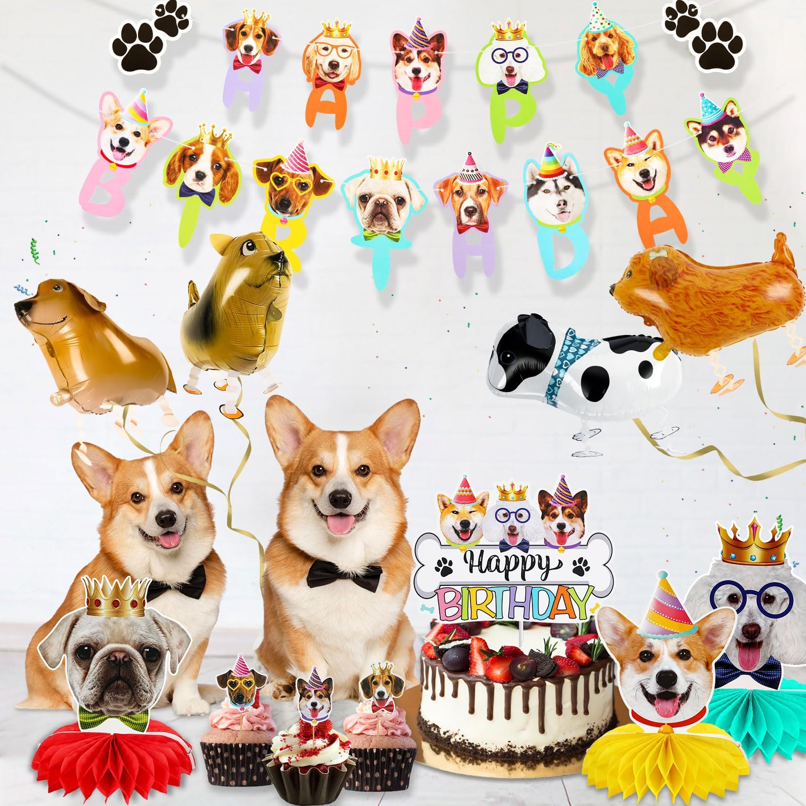 39 Pcs Dog Birthday Decorations Dog Birthday Party Supplies Puppy Party Favors, 2 Pcs Happy Birthday Banner 3 Pcs Birthday Honeycombs 9 Pcs Dog Balloons and 25 Pcs Cupcake Toppers for Kid Dog Lover