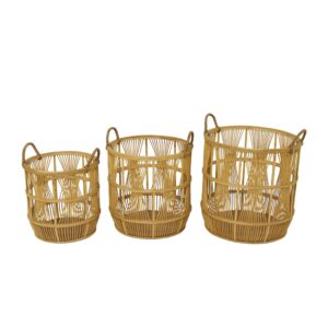 Deco 79 Wood Handmade Decorative and Functional Storage Basket Basket Organizer with Handles, Set of 3 Basket for Storage 19", 17", 15"H, Brown