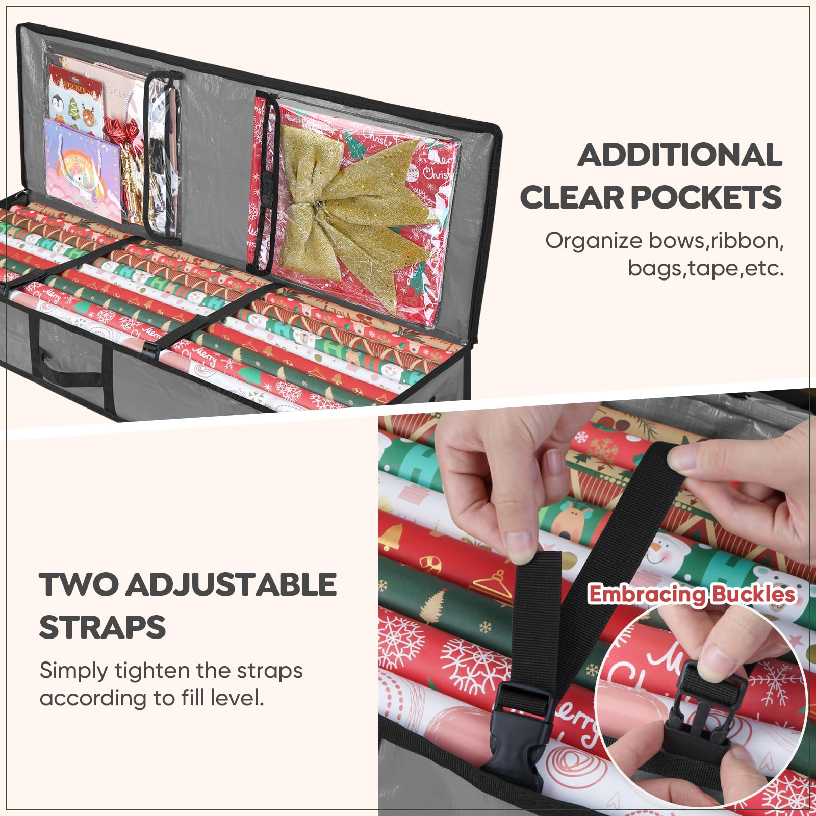 BALEINE SOFT Christmas Wrapping Paper Storage Bag, 40" Durable PE Gift Wrap Storage Bag with Flexible Partitions and Pockets for Ribbon, Accessories (Grey)