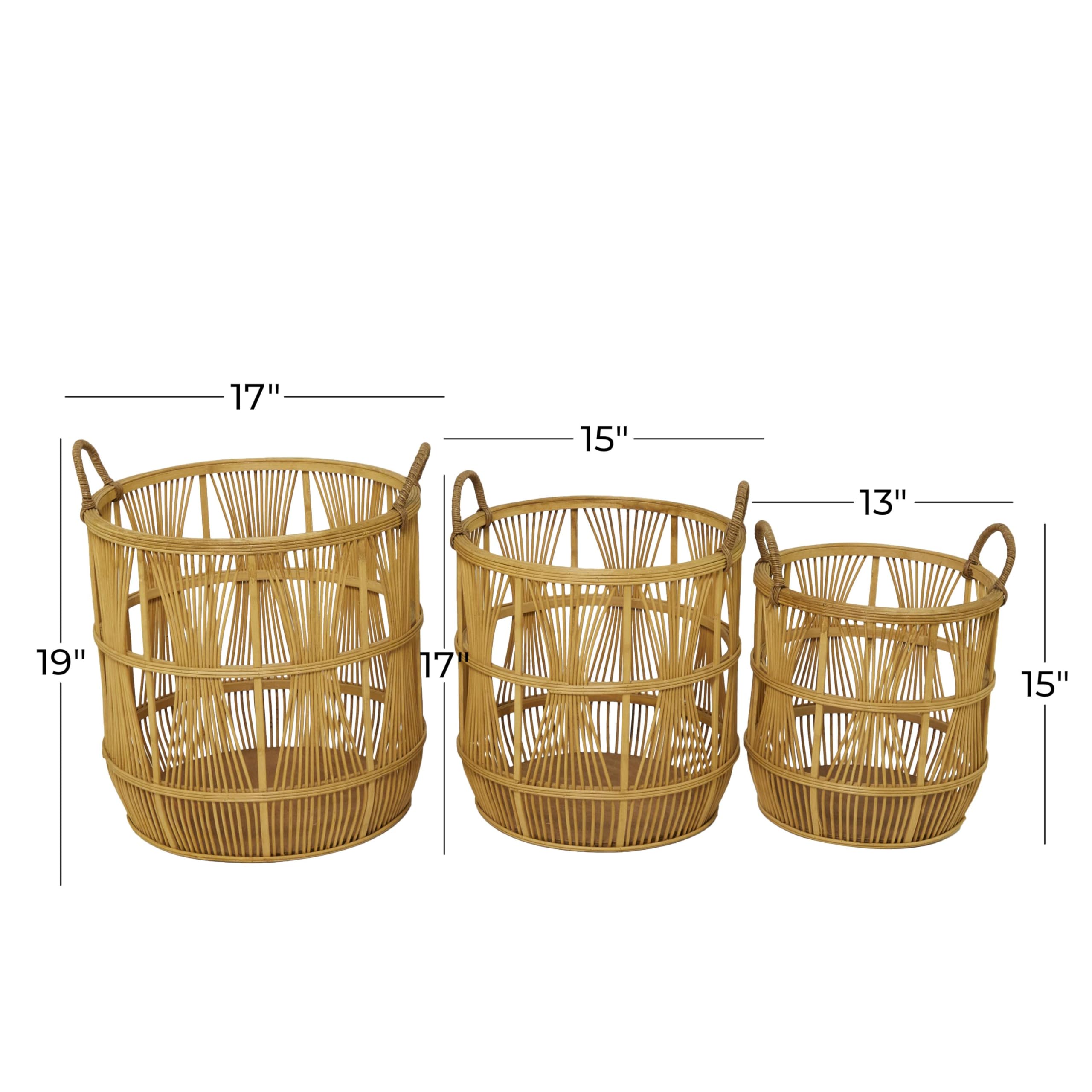 Deco 79 Wood Handmade Decorative and Functional Storage Basket Basket Organizer with Handles, Set of 3 Basket for Storage 19", 17", 15"H, Brown