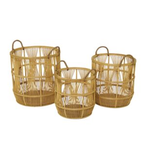 Deco 79 Wood Handmade Decorative and Functional Storage Basket Basket Organizer with Handles, Set of 3 Basket for Storage 19", 17", 15"H, Brown