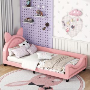 pink upholstered twin bed with ears shaped bottom tufted headboard, low platform bed frame with rails for kids girls boys teens, pu leather