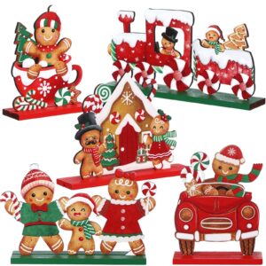 blulu 5 pcs christmas gingerbread man ornament xmas wood gingerbread man signs christmas tiered tray wooden decorations gingerbread candy table centerpiece for home farmhouse office tabletop decor