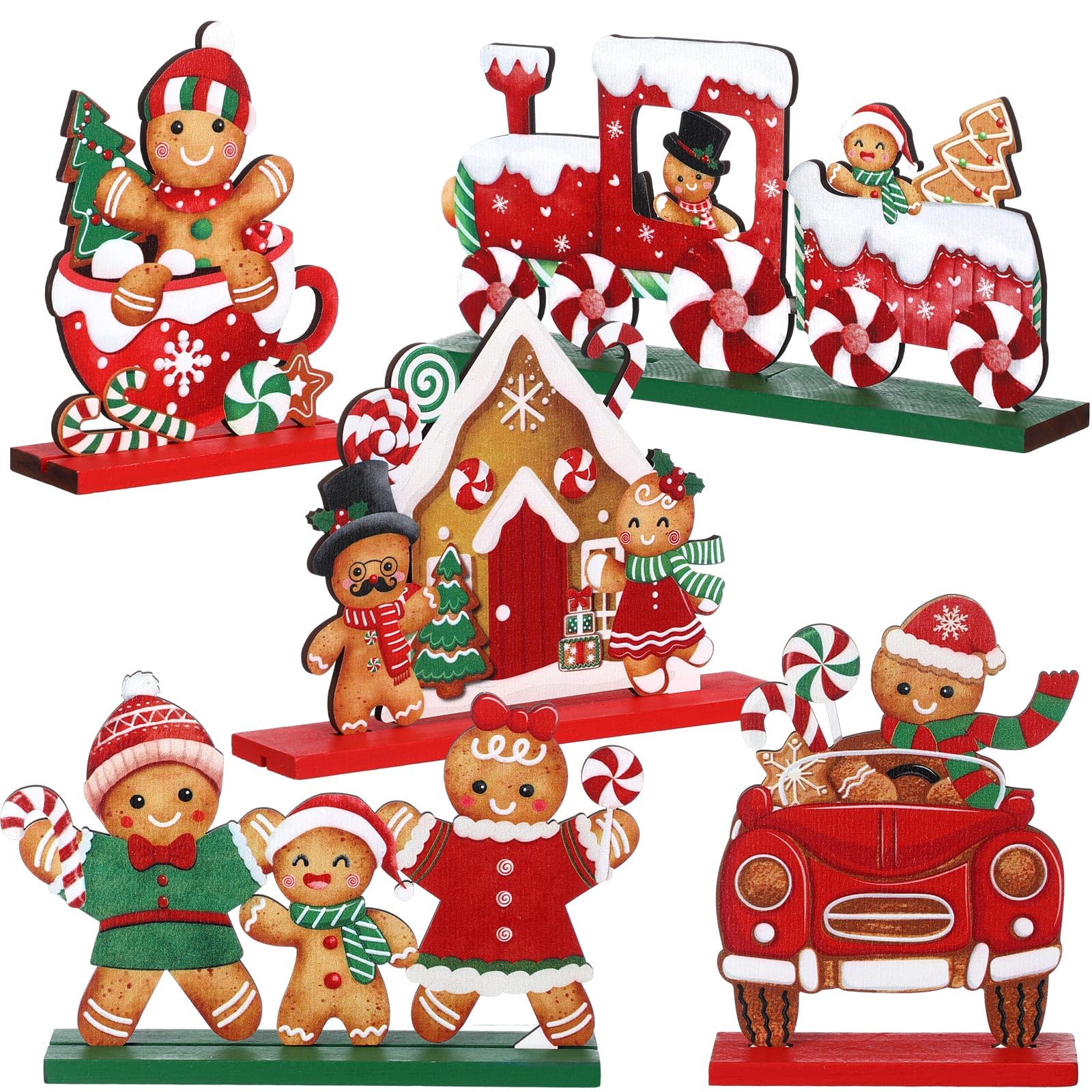 Blulu 5 Pcs Christmas Gingerbread Man Ornament Xmas Wood Gingerbread Man Signs Christmas Tiered Tray Wooden Decorations Gingerbread Candy Table Centerpiece for Home Farmhouse Office Tabletop Decor