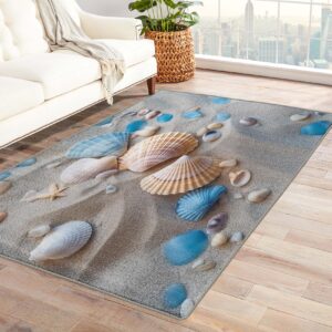 beach theme rug & home decor - 6x9 rug, seashell rugs for living room bedroom, coastal carpet, washable non slip soft low pile indoor area rug & room decor