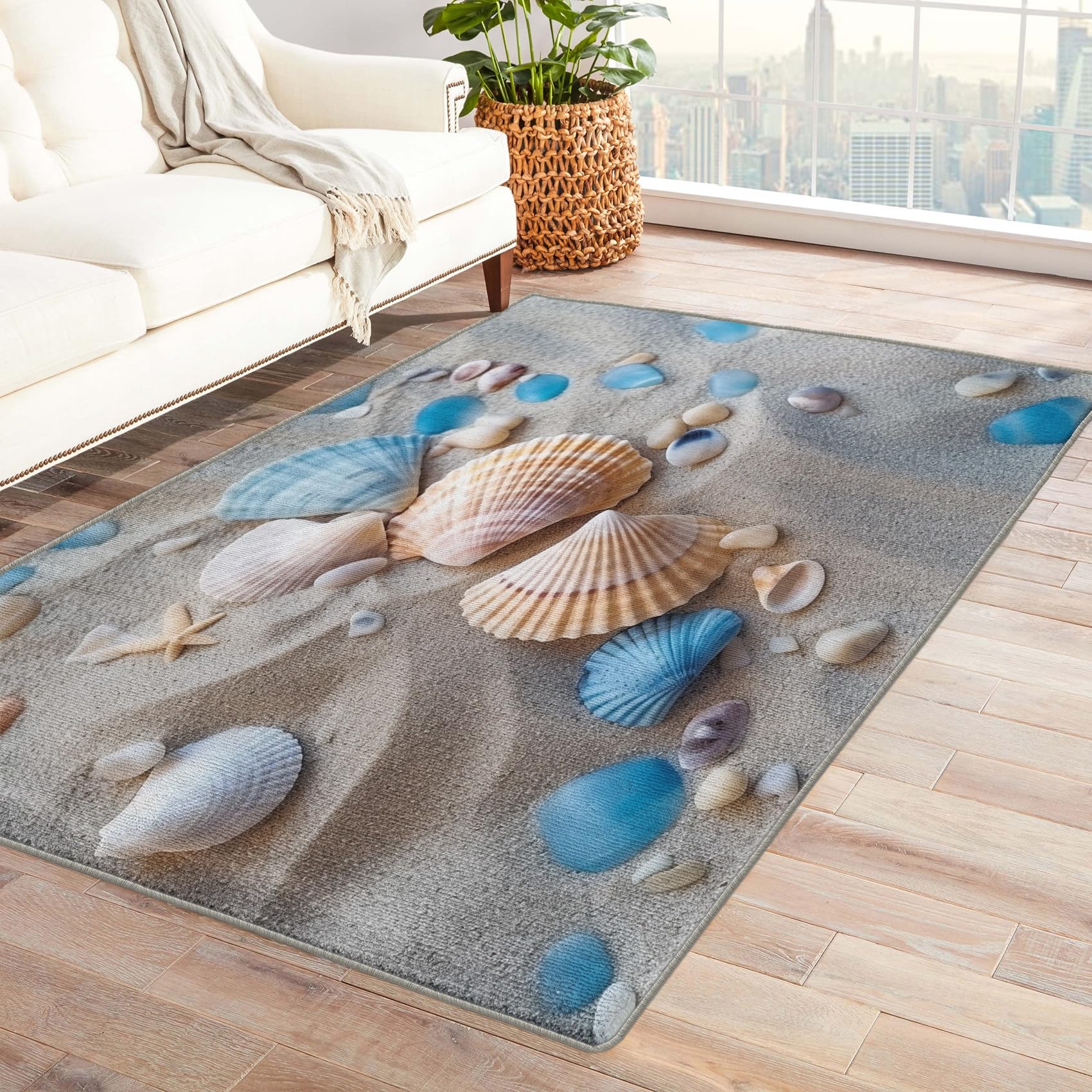 Beach Theme Rug & Home Decor - 6x9 Rug, Seashell Rugs for Living Room Bedroom, Coastal Carpet, Washable Non Slip Soft Low Pile Indoor Area Rug & Room Decor