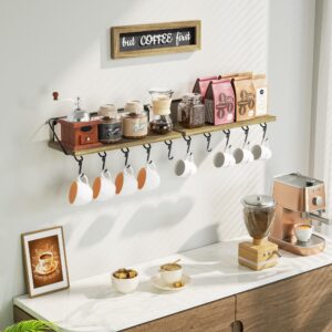 Alsonerbay Coffee Bar Shelf Wall Mount, Rustic Floating Shelves for Wall with Wooden Bar Sign, 16 Inch Wall Shelves with 10 Mug Hooks for Coffee Station, Dining Room, Living Room and Kitchen