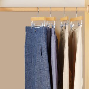 SMARTOR Wood Pants Hangers - 14inch, 20 Pack Skirt Hangers Shorts Hangers with 2-Adjustable Clips, Pants Hanger Wooden as Slack Hanger, Jeans Hangers, Trousers Hangers, Bottom Hangers - Natural