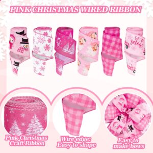 Whaline 6 Rolls Christmas Wired Edge Ribbon Pink Xmas Winter Holiday Craft Ribbon Buffalo Plaid Santa Snowman Snowflake Christmas Tree Truck Gift Wrapping Ribbon for Bow Wreath Crafts, 30 Yards