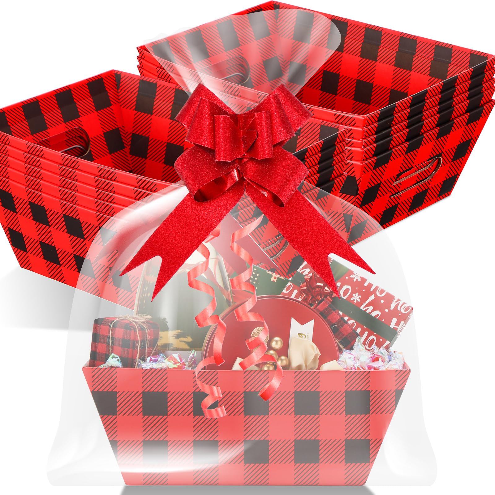 Yeaqee 36 Pcs Christmas Baskets for Gifts Empty Set Includes 12 Buffalo Plaid Christmas Basket for Gifts to Fill, Sturdy Cardboard Baskets Bulk 12 Bags 12 Pull Bows for Christmas Xmas