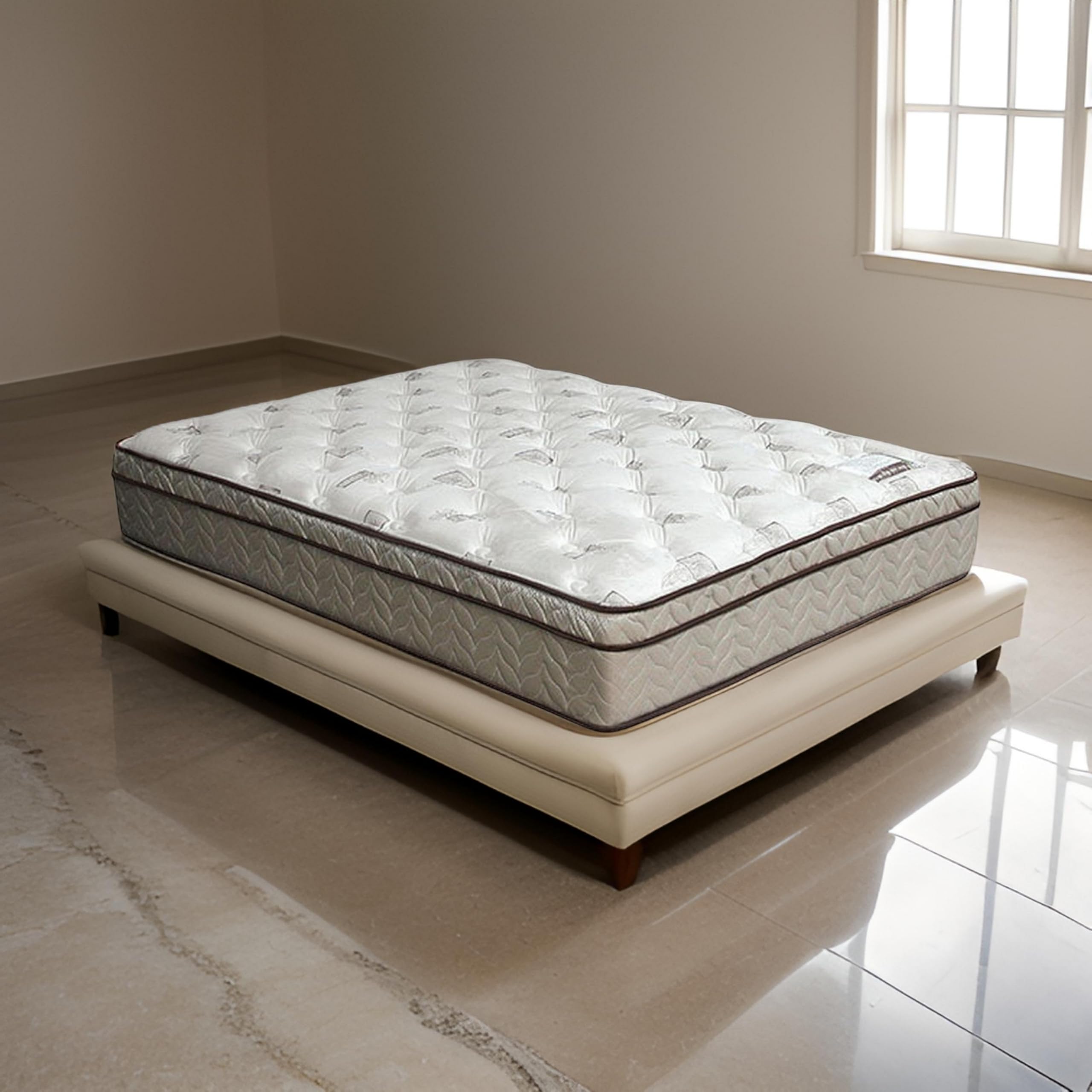 Benjara Yuk 7 Inch Queen Size Foundation Box Spring, Edge Support, Quilted Suede, White and Brown