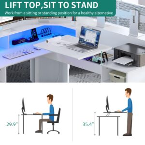 YITAHOME L Shaped Desk with Drawers, 60” Computer Desk with Power Outlets & Lift Top, Home Office Desk with File Cabinet & LED Lights, Height Adjustable Desk, White