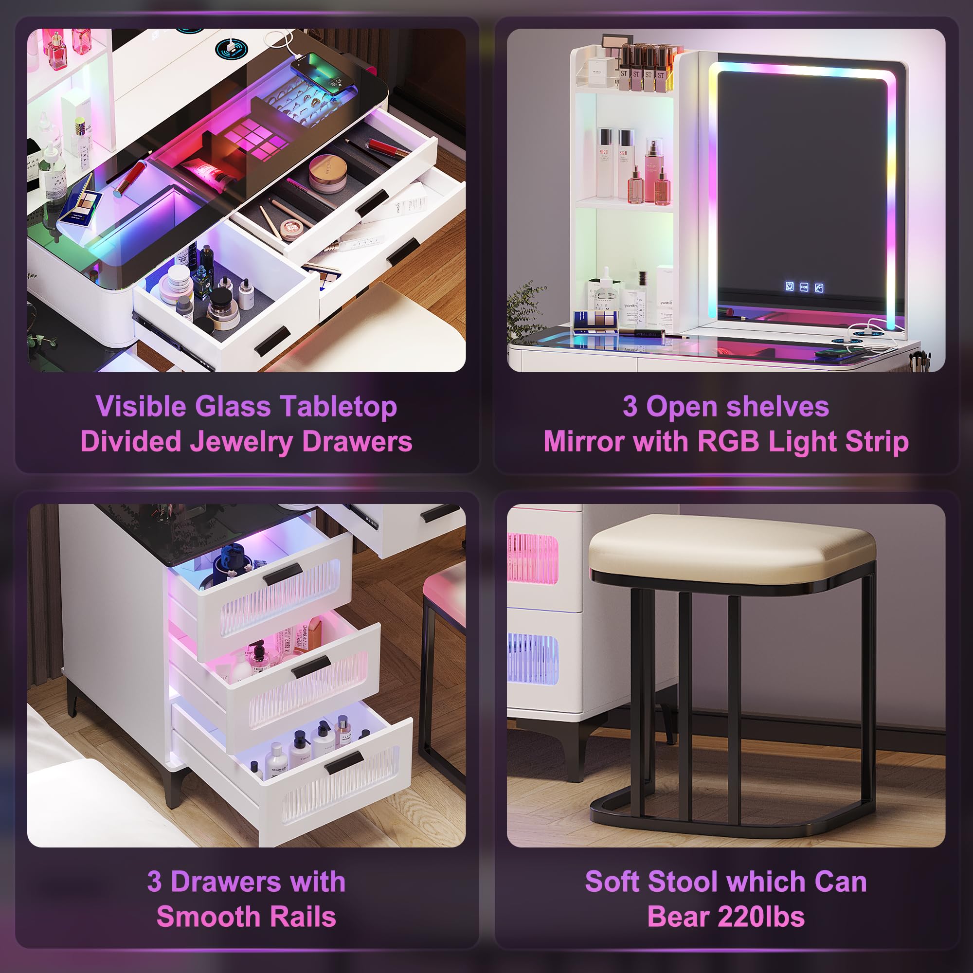 Gurexl RGB Makeup Vanity Desk with Wireless Charging Station,7 Dynamic and 7 Static Dimmable Vanity Table with Visible Glass Top, Dream Make up Vanity with Mirror and Lights, Stool, 6 Drawers