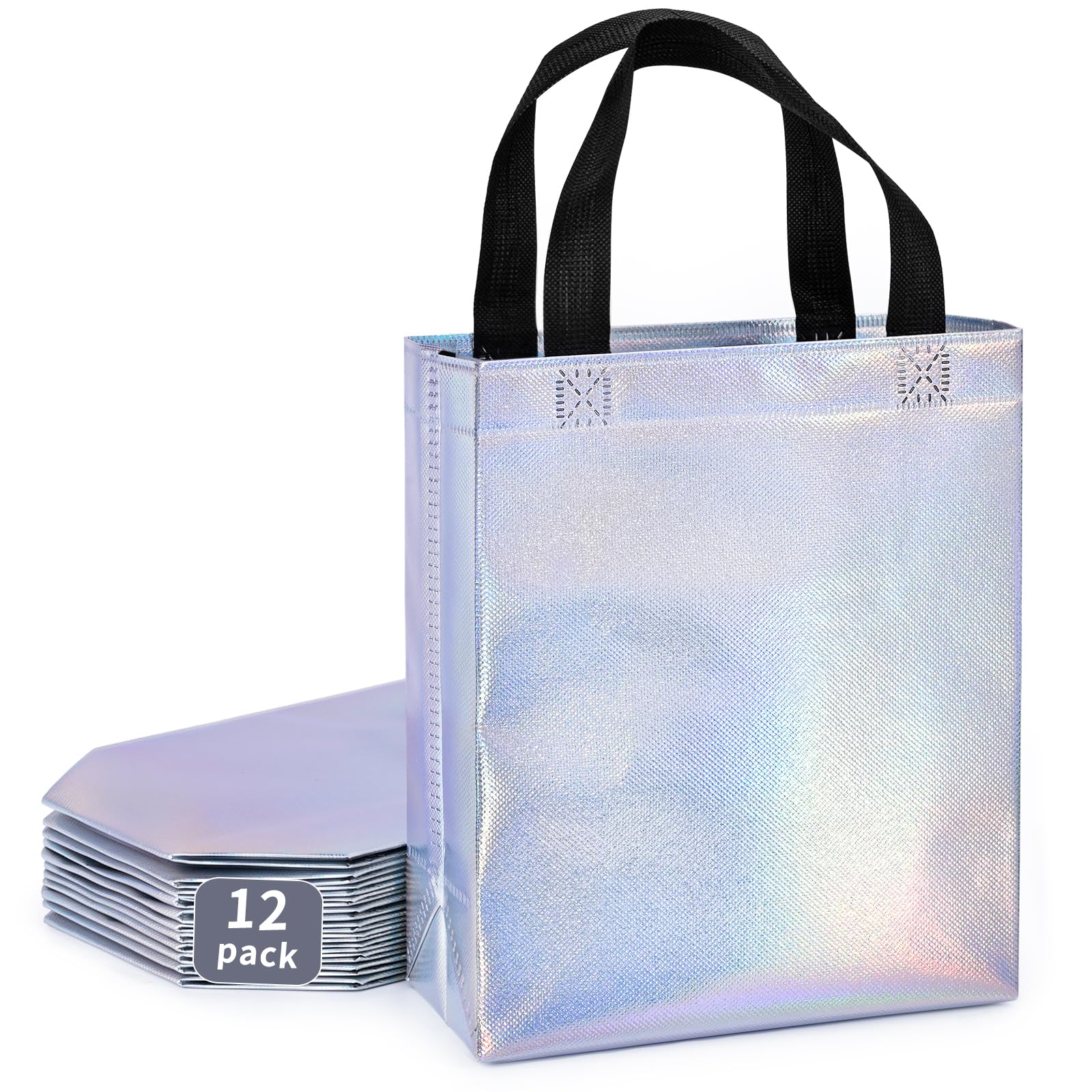 Iioscre 12 PCS Gift Bags with Handles, Iridescent Holographic Gift Bags Bulk, Reusable Gift Tote Bags Medium Size, Birthdays Gift Bags Goodie Bags, Party favor Bags for Weddings Christmas