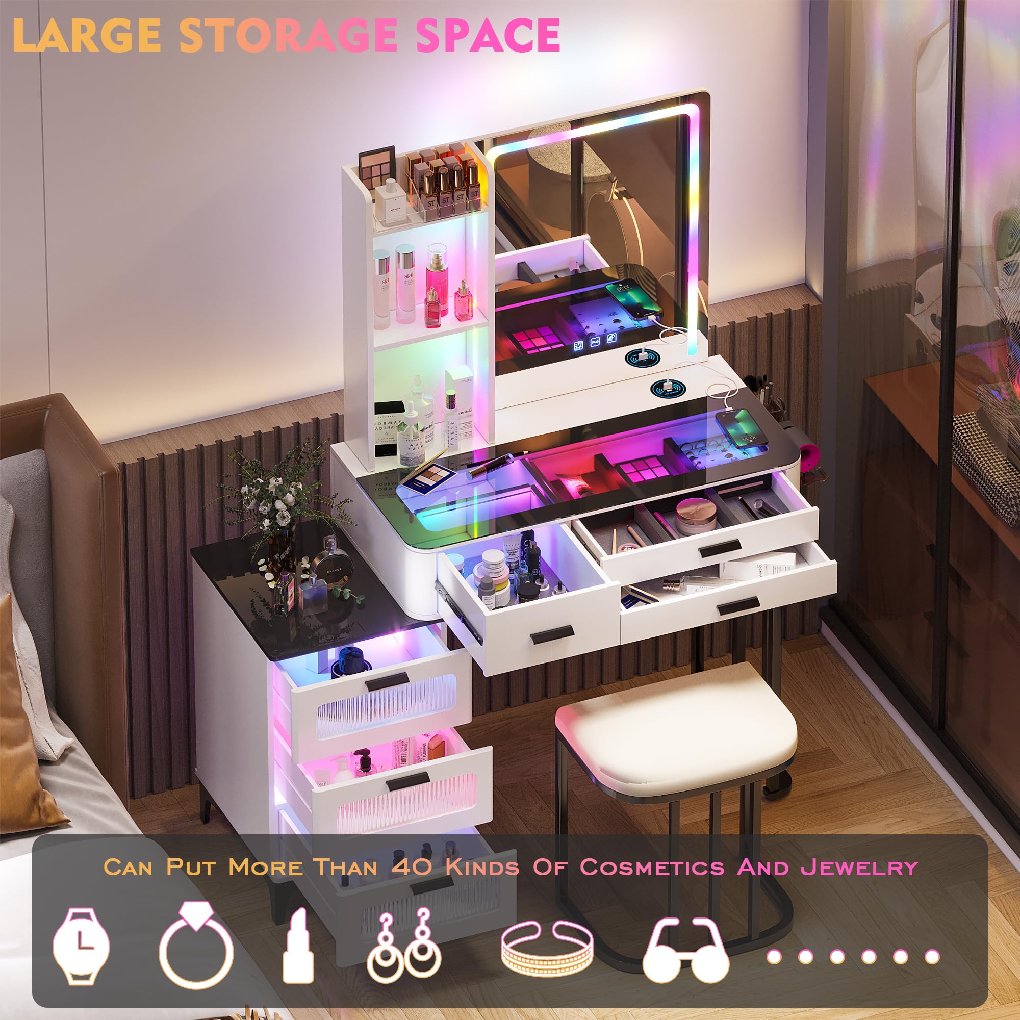 Gurexl RGB Makeup Vanity Desk with Wireless Charging Station,7 Dynamic and 7 Static Dimmable Vanity Table with Visible Glass Top, Dream Make up Vanity with Mirror and Lights, Stool, 6 Drawers