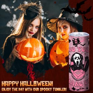 TUMBTU Ghostface 20oz Skinny Tumbler for Women Girls Spooky Vibes 20oz Horror Scary Face Theme Decor Insulated Cup with Lid -Vacuum Stainless Steel Coffee Mug Stemless Pink Cup