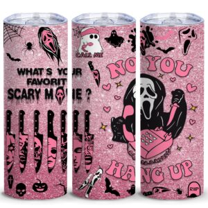 tumbtu ghostface 20oz skinny tumbler for women girls spooky vibes 20oz horror scary face theme decor insulated cup with lid -vacuum stainless steel coffee mug stemless pink cup