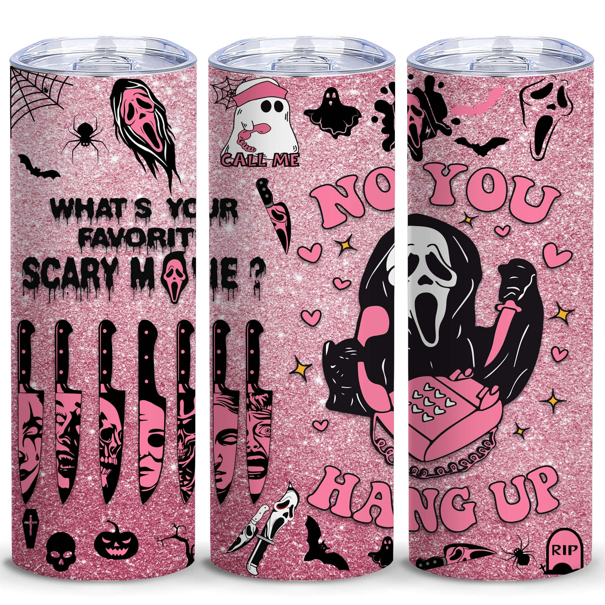 TUMBTU Ghostface 20oz Skinny Tumbler for Women Girls Spooky Vibes 20oz Horror Scary Face Theme Decor Insulated Cup with Lid -Vacuum Stainless Steel Coffee Mug Stemless Pink Cup