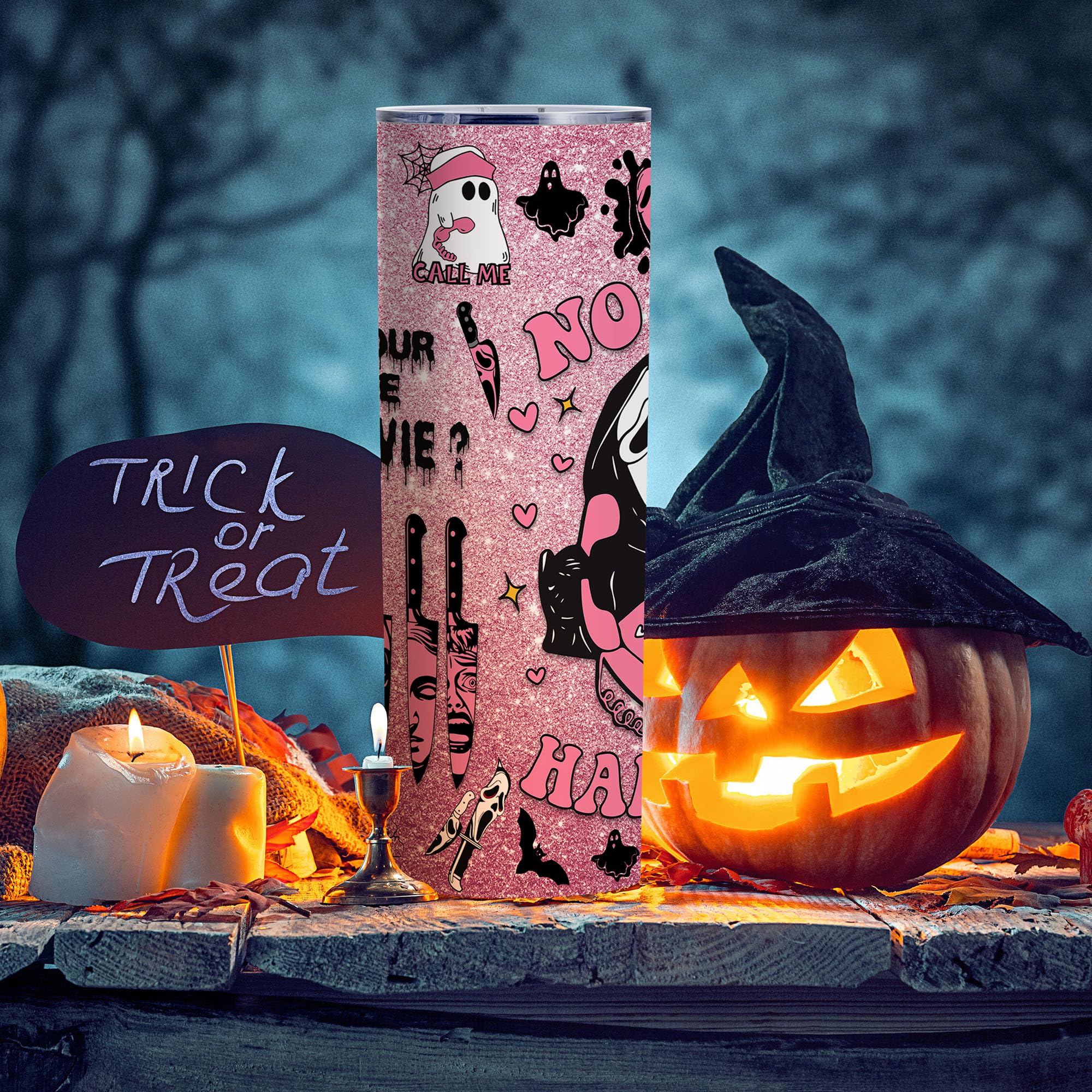 TUMBTU Ghostface 20oz Skinny Tumbler for Women Girls Spooky Vibes 20oz Horror Scary Face Theme Decor Insulated Cup with Lid -Vacuum Stainless Steel Coffee Mug Stemless Pink Cup