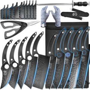 xyj professional kitchen knife set with high-carbon steel forged blades, chef's knife, cleaver, carving knife, nakiri, full tang design, includes carrying bag & poultry scissors