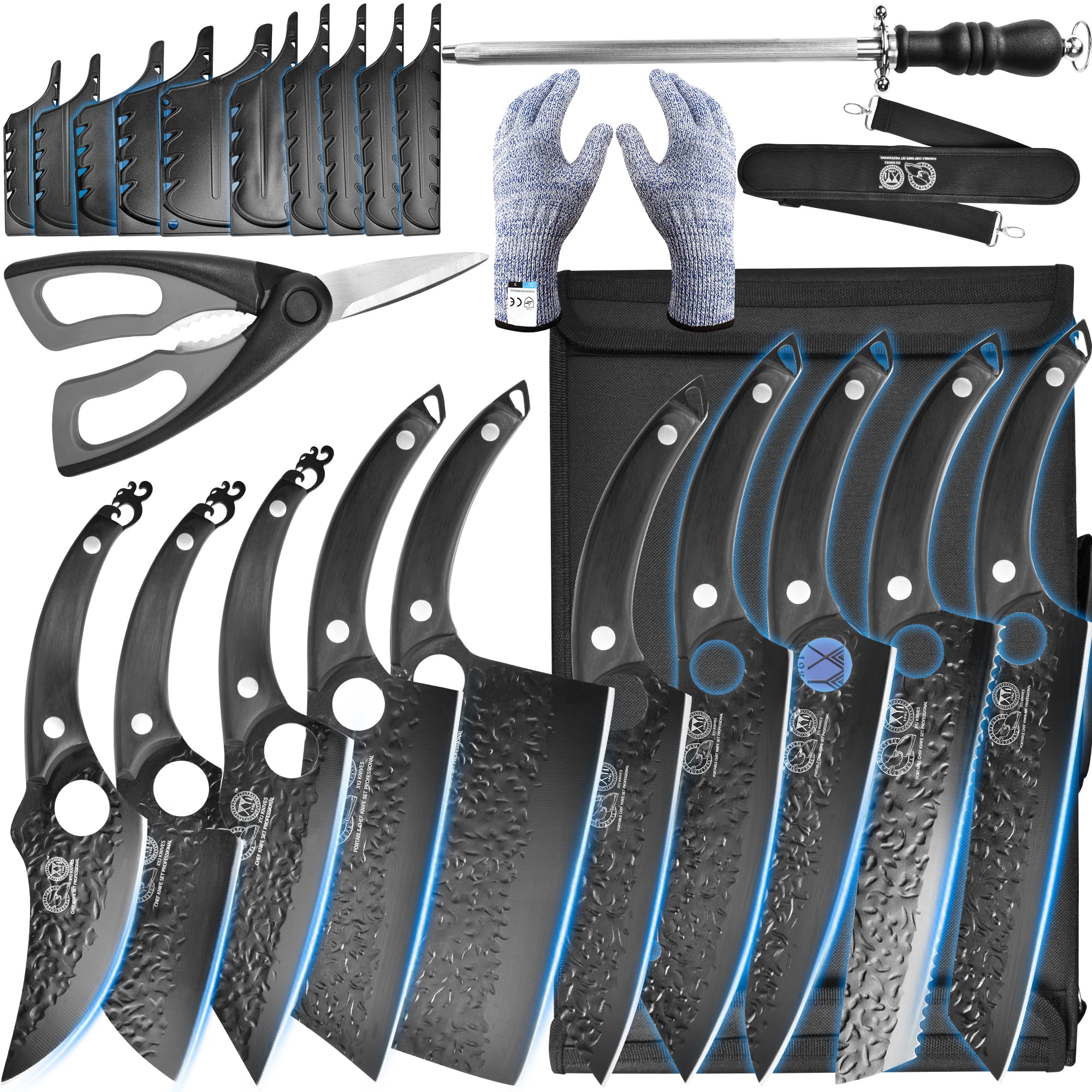 XYJ Professional Kitchen Knife Set with High-Carbon Steel Forged Blades, Chef's Knife, Cleaver, Carving Knife, Nakiri, Full Tang Design, Includes Carrying Bag & Poultry Scissors