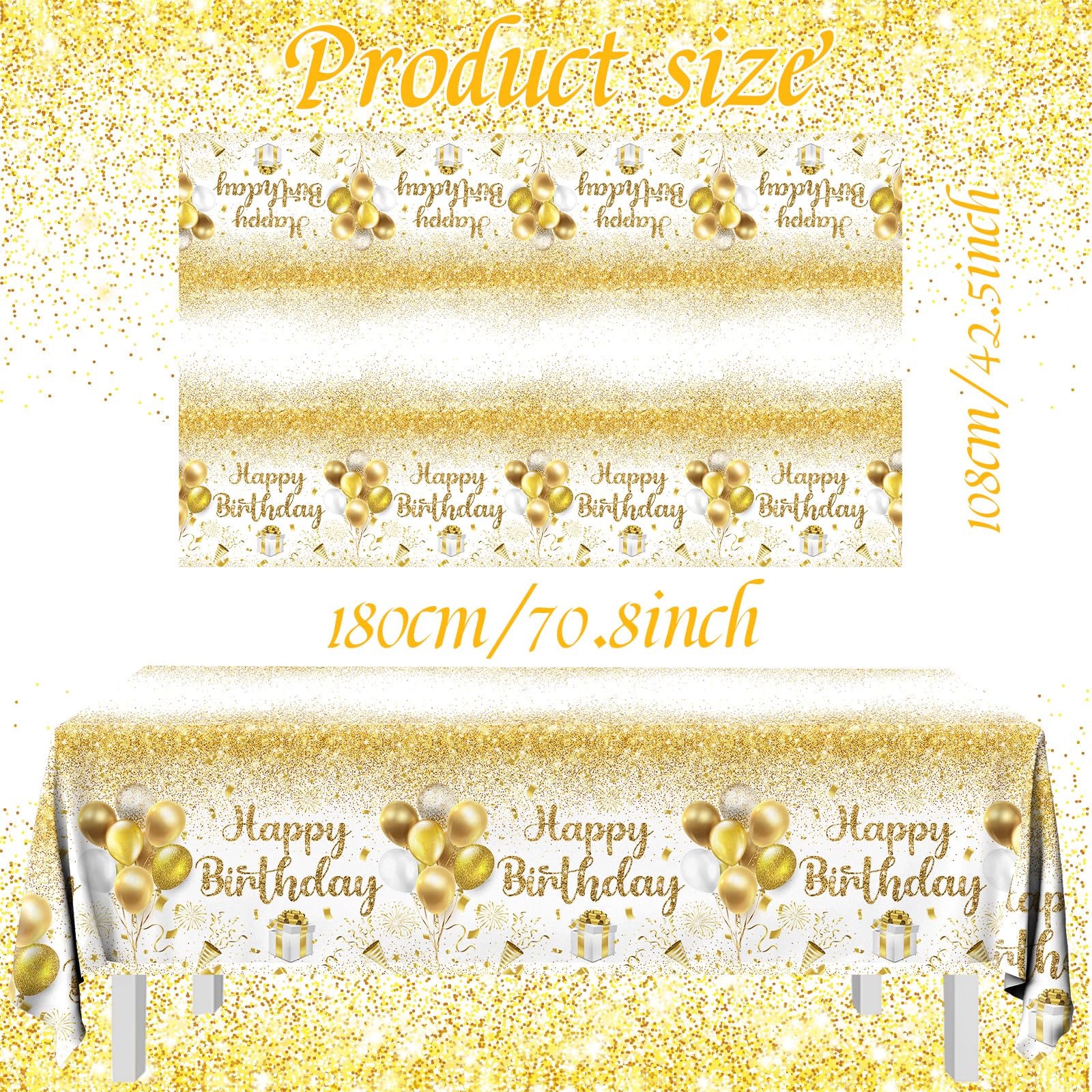 Happy Birthday Tablecloths,Gold and White Birthday Party Decorations 3pcs Gold Confetti Disposable Table Cover for Indoor or Outdoor Girls Boys Women Men’s 21st 30th 50th Birthday Party