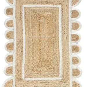 Shiv Shakti Exports White Scalloped Natural Jute Area Rug, Natural Base Off White Trim (2x3 Feet / 61x92 Cm)